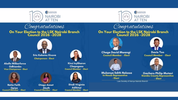 A congratulatory graphic for the LSK Nairobi Branch Council 2026-2028 titled 'Nairobi at Ten.' The image features professional headshots of the newly elected leadership, including Chairperson-Elect Eric Kakemu Kivuva, Vice Chairperson-Elect Akello Wilberforce Odhiambo, and Council Members Kirui IvySharon Chepngeno, Netia Faith Opisa, Otago Annet Akoth, Dindi Virginia Adikinyi, Chege David Mwangi, and Davis Too. It also includes In-House Representative Mukenya Edith Nekesa and Kiambu County Representative Gacheru Philip Mutavi.