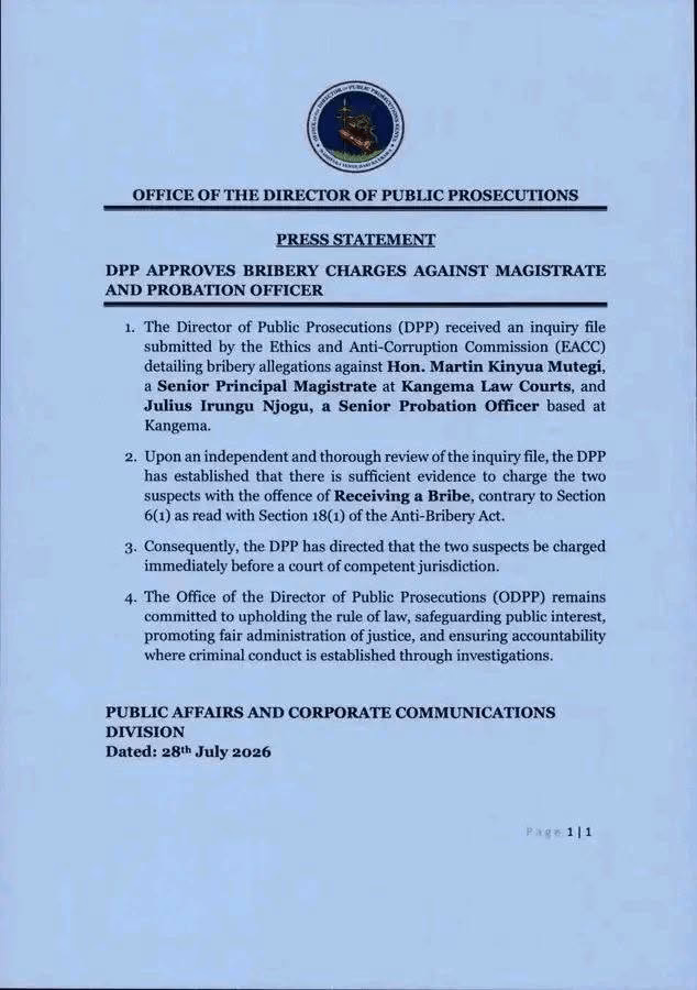 Official ODPP press statement announcing bribery charges against Senior Principal Magistrate Martin Kinyua Mutegi and Probation Officer Julius Irungu Njogu