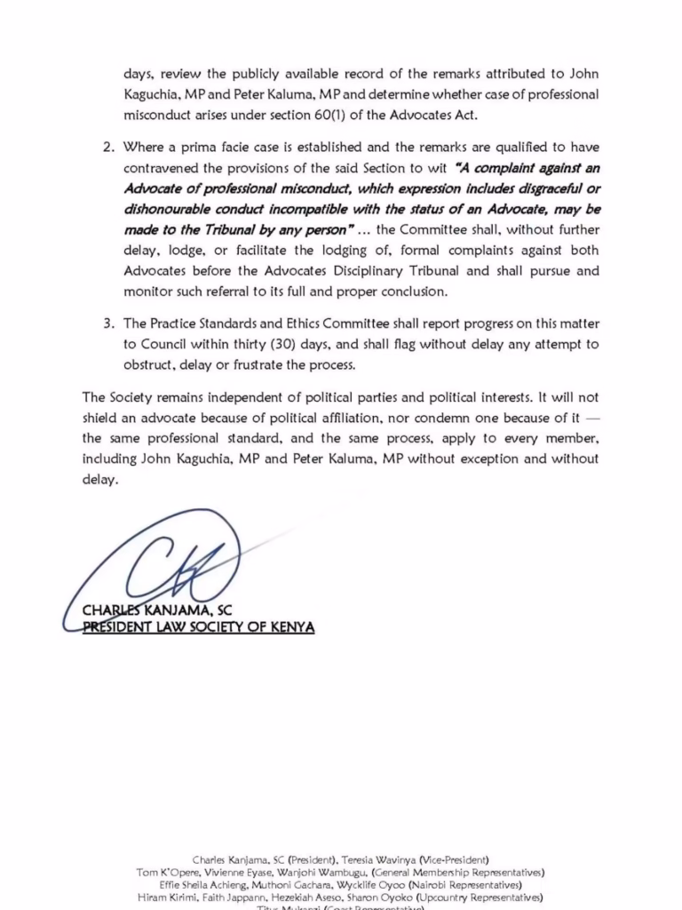 Page 2 of LSK statement signed by President Charles Kanjama SC directing disciplinary action under Section 60(1) of the Advocates Act