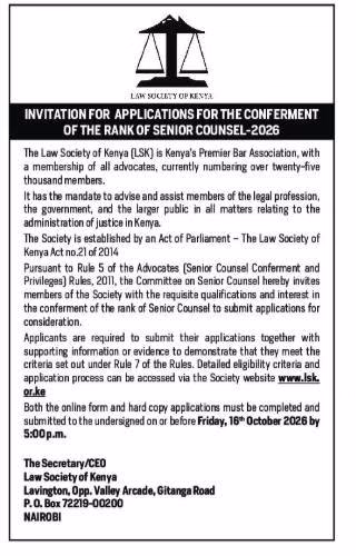 Official LSK notice for Senior Counsel 2026 applications showing LSK logo and deadline of October 16, 2026.